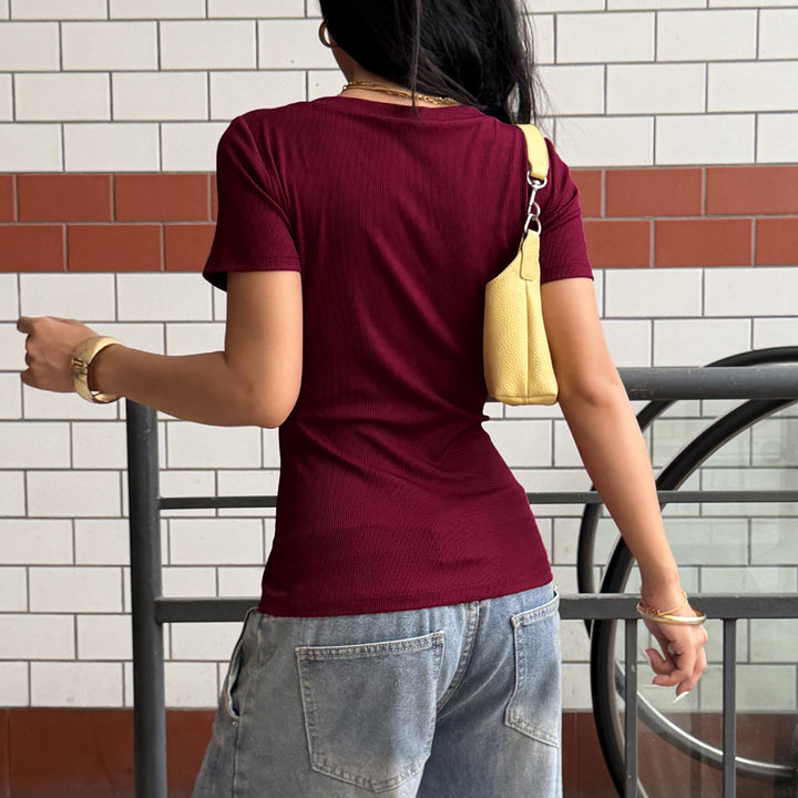 Damen Kurzarmshirt mit V-Ausschnitt und grafischem Print Drune