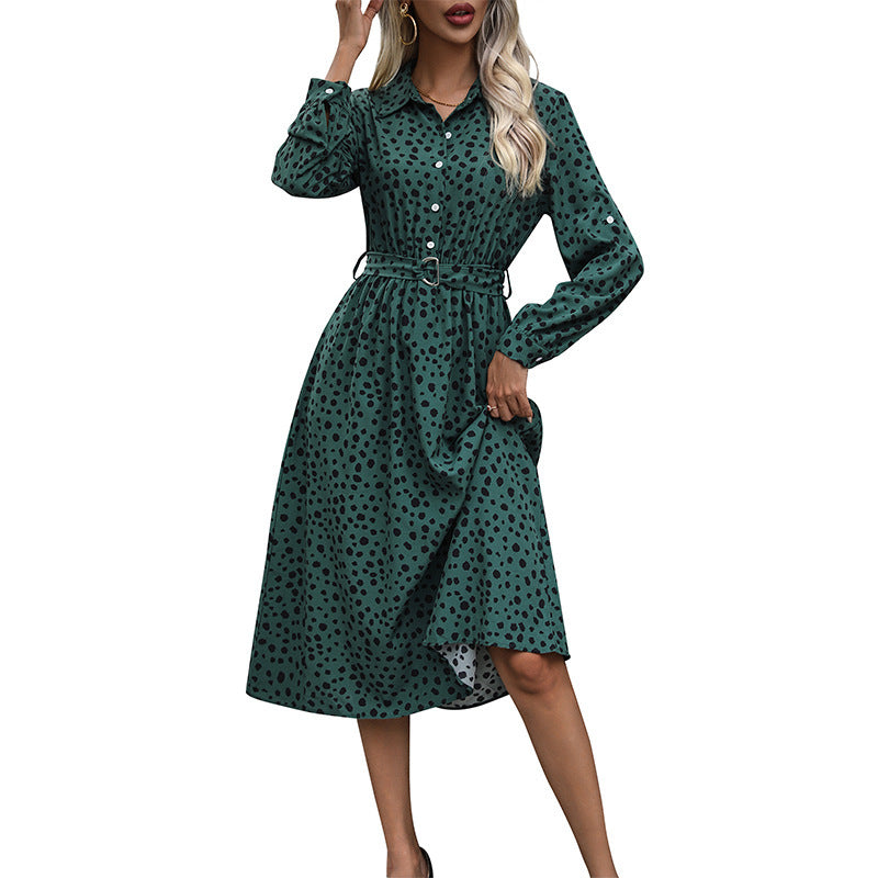Damen Langärmliges Hemdblusenkleid mit Gürtel und Punkten Drune