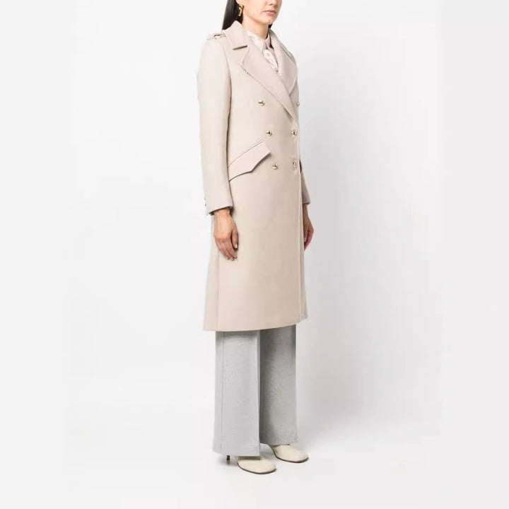 Damen Midilanger Doppelreihiger Tailoring‑Mantel mit taillierter Nahtführung und Zierriegeln Drune