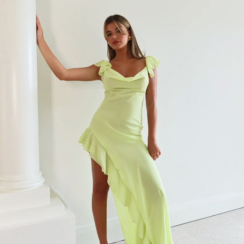 Damen Elegantes Maxi-Kleid mit asymmetrischem Saum und Rüschendetails Drune