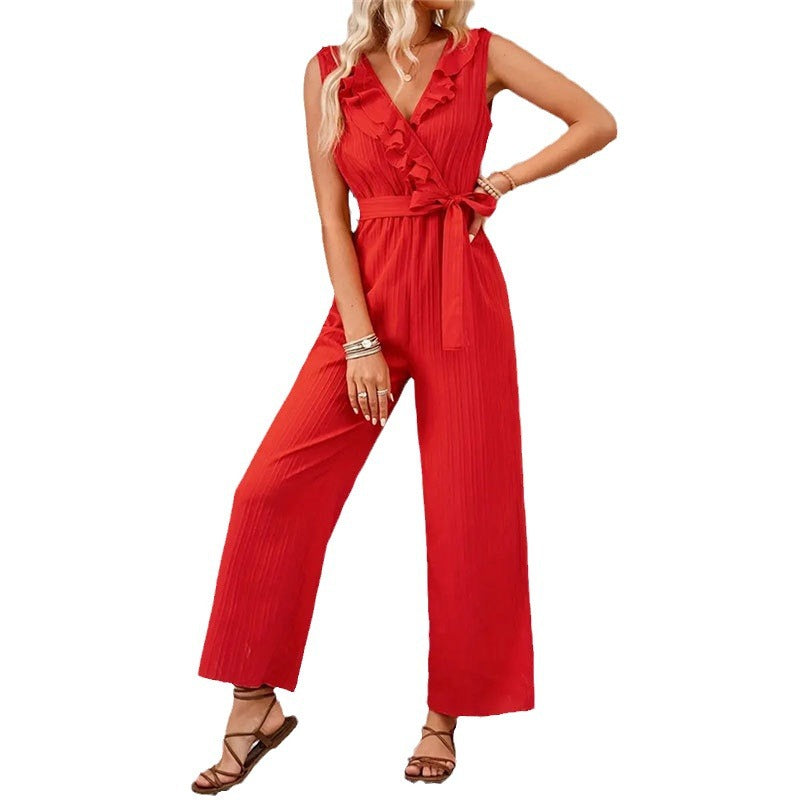 Damen eleganter Jumpsuit mit Rüschendetails und Taillengürtel Drune