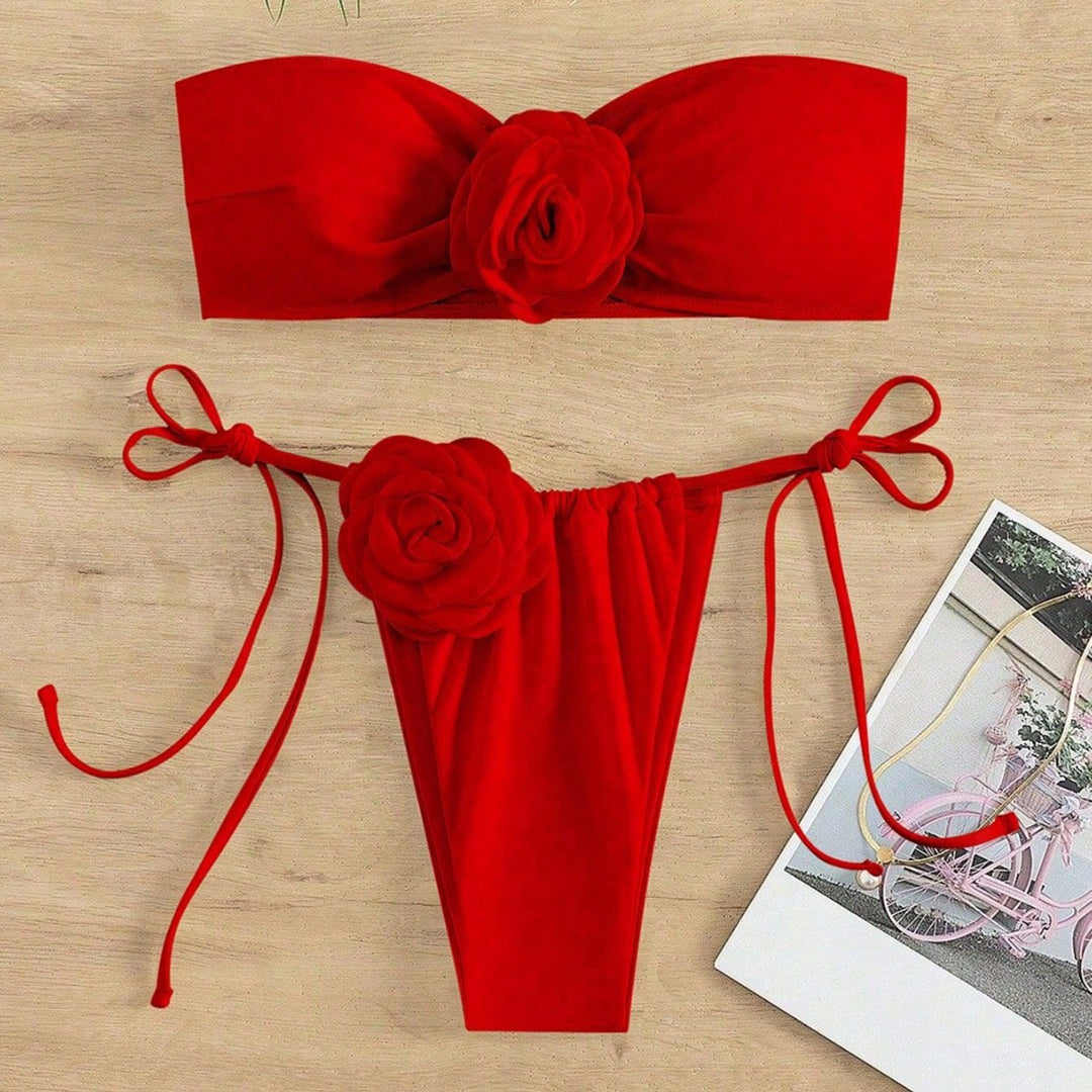 Damen Bandeau-Bikini mit dekorativen Blumenapplikationen Drune