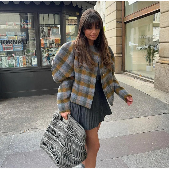Damen Karierte Kurzjacke mit voluminösen Ärmeln Drune