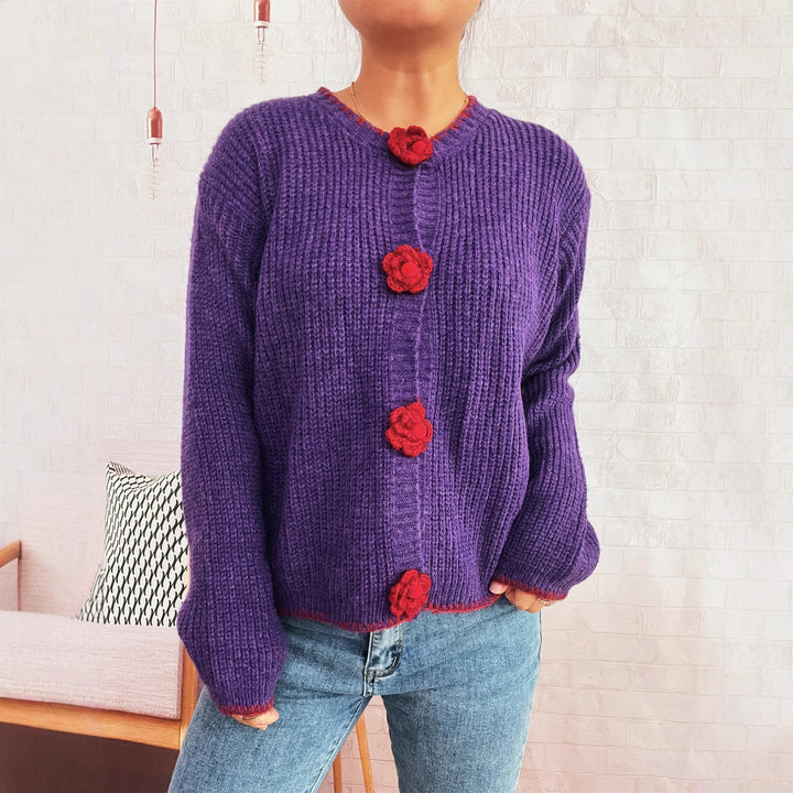 Damen Strickjacke mit floralen Knopfdetails und lässigem Schnitt Drune