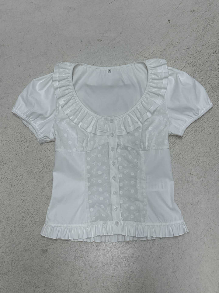 Damen Rüschenbluse mit floralem Einsatz und femininem Schnitt Drune