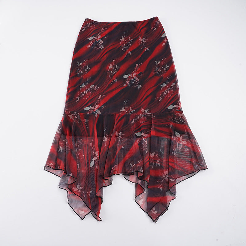 Damen Asymmetrischer Mesh-Midirock mit Volantstufen und floralem Muster Drune