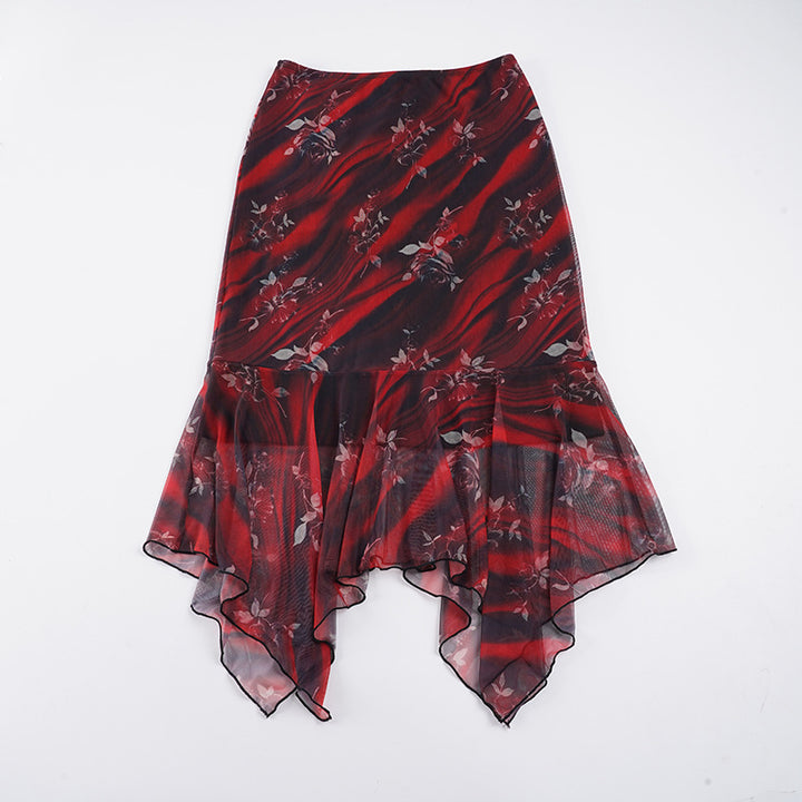 Damen Asymmetrischer Mesh-Midirock mit Volantstufen und floralem Muster Drune