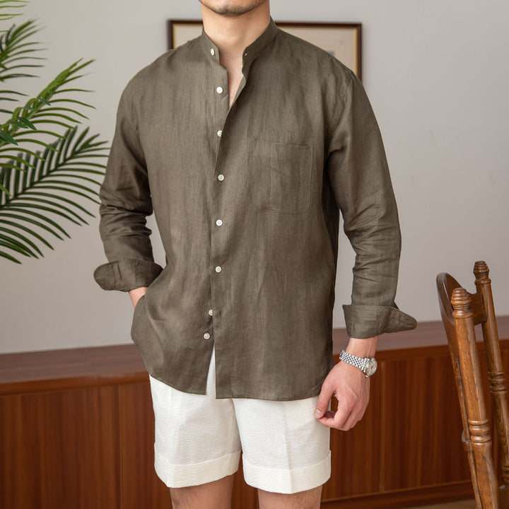 Herren Leinenhemd mit Stehkragen und Brusttasche Drune