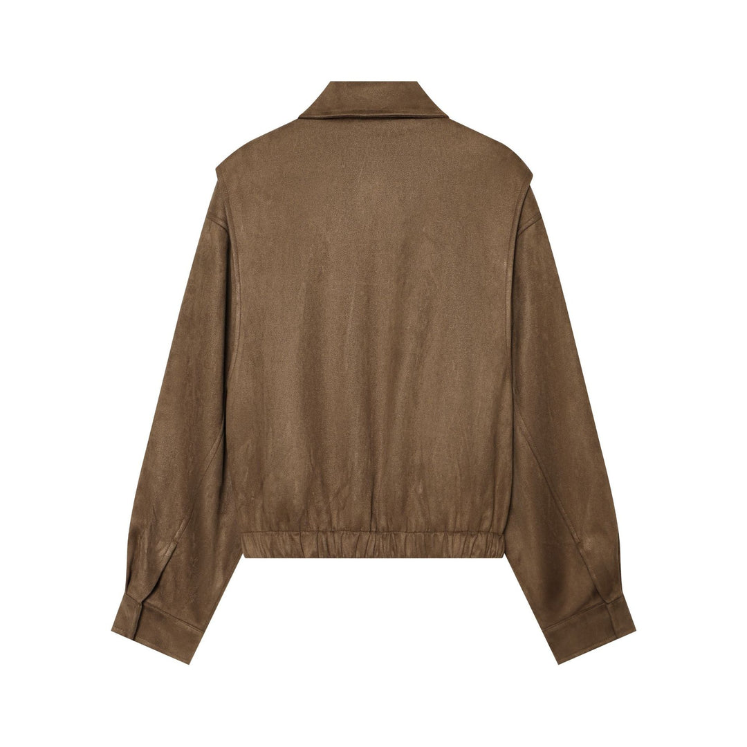Damen Cropped Blousonjacke in Veloursoptik mit Hemdkragen, Pattentaschen und taillierendem Gummizug Drune