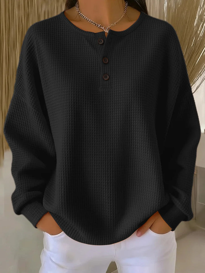 Damen nan Oversized Waffelstrick Henley-Pullover mit Knopfleiste und abgerundetem Saum Drune