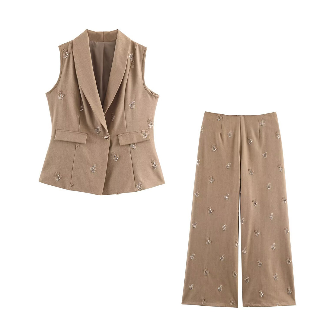 Damen Ärmelloser Weste-Blazer und Weite Stickhose Zweiteiler Drune