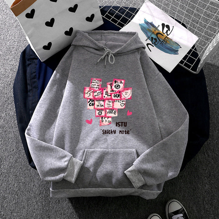 Damen nan Kapuzenpullover mit Sticky-Note Grafik, Kängurutasche und weichem Fleecefutter Drune