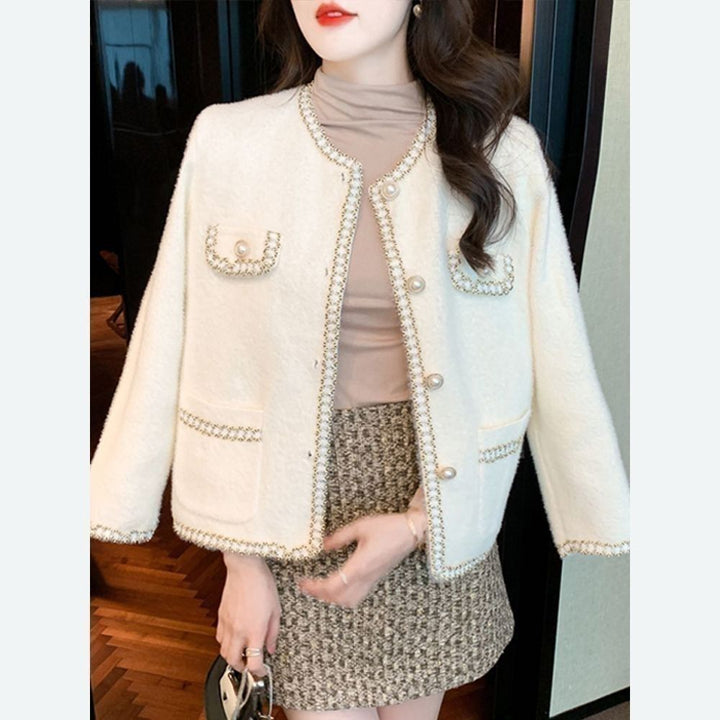 Damen elegante Bouclé-Jacke mit Perlenbesatz Drune