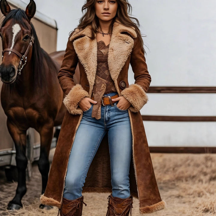 Damen Langer Veloursleder‑Look Mantel mit Lammfell‑Imitatfutter und dekorativer Doppelknopfleiste Drune