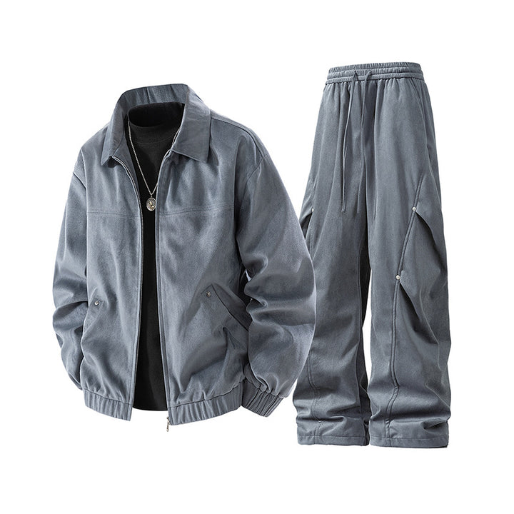 Herren lässiges Cord-Trainingsanzug-Set mit Reißverschlussjacke und weiten Cargohosen Drune