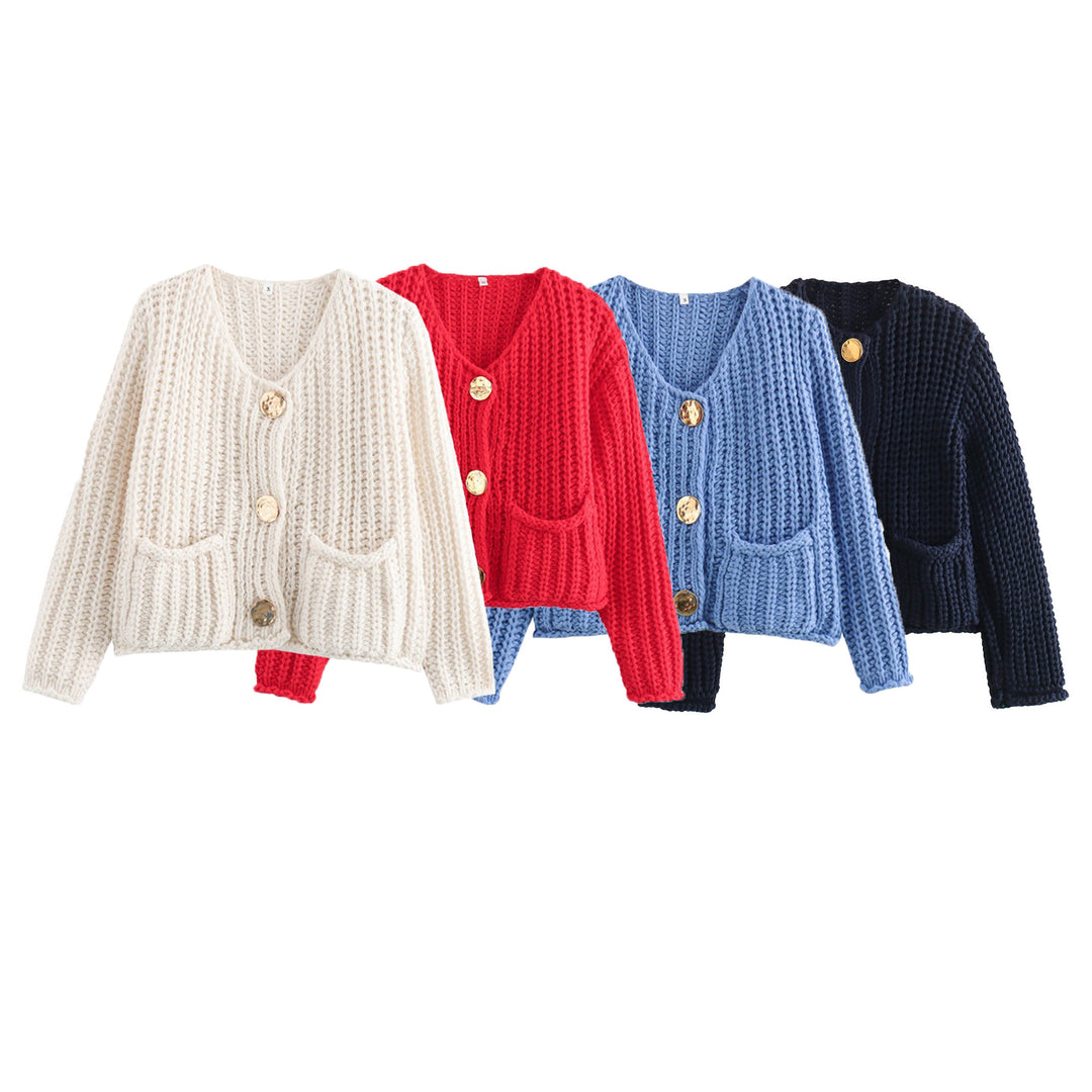 Damen Grobstrick-Cardigan mit V‑Ausschnitt, goldener Knopfleiste und aufgesetzten Taschen Drune