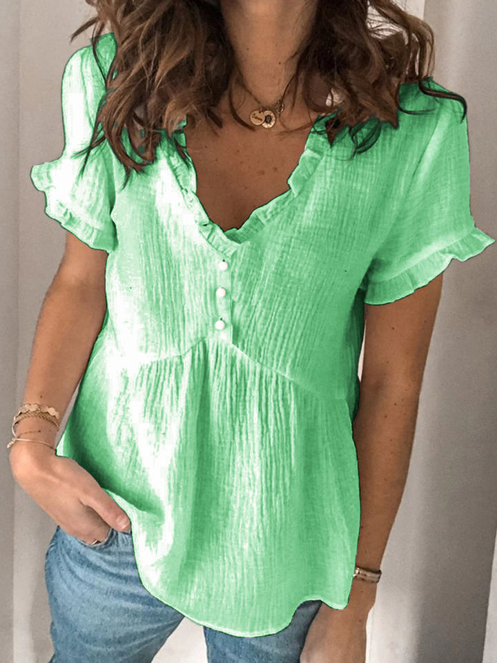 Damen V-Ausschnitt Bluse mit Rüschendetails und Knopfverschluss Drune