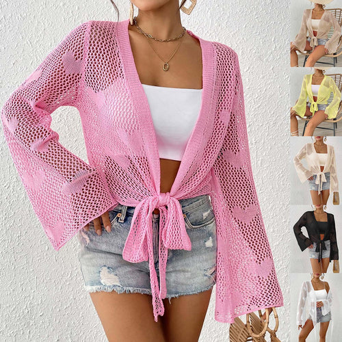 Damen luftiger Strick-Kimono mit offener Front und Kordelzug Drune