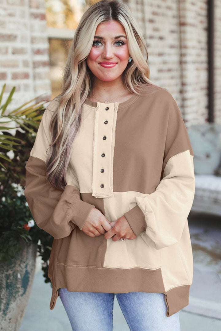 Damen Oversize-Colorblock Sweatshirt mit Henley-Knopfleiste, Ballonärmeln und geripptem Saum Drune