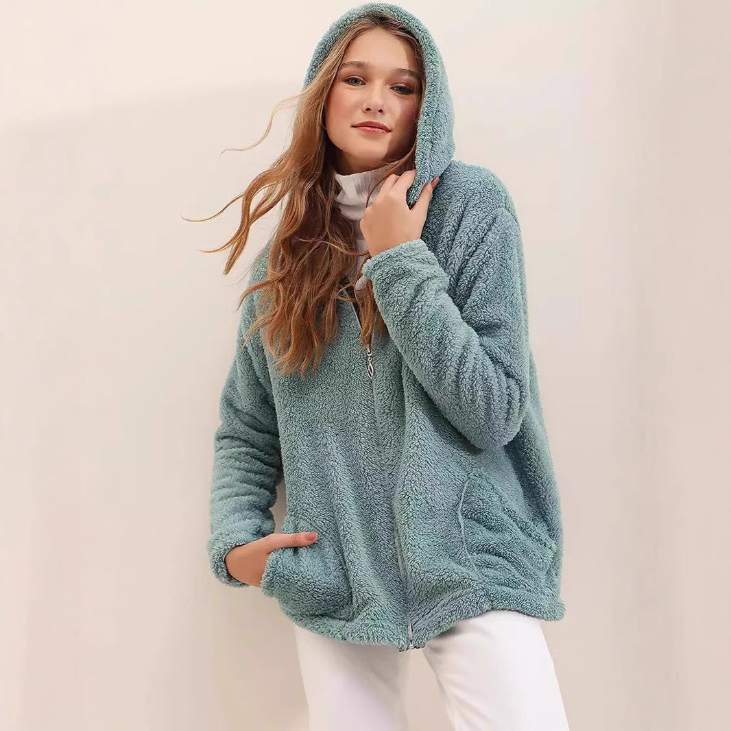 Damen kuschelige Fleecejacke mit Kapuze und Doppelreißverschluss Drune