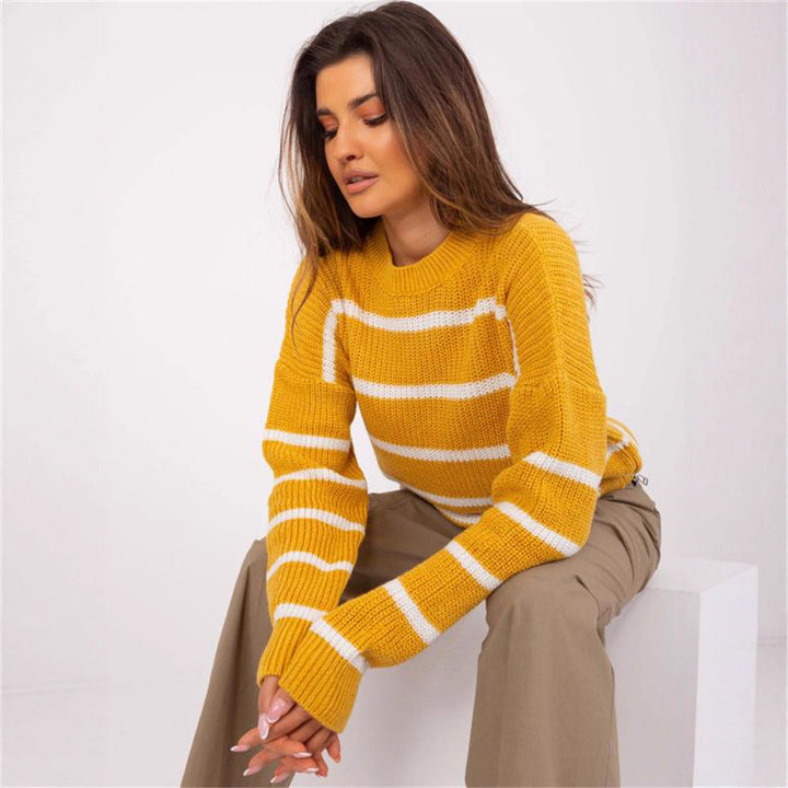 Damen Grobstrickpullover mit lässigem Streifenmuster und rundem Halsausschnitt Drune