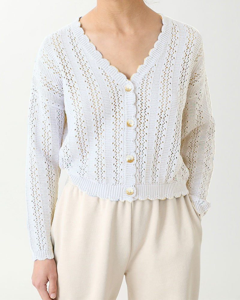 Damen Strickjacke mit filigranem Lochmuster und Wellenabschlüssen Drune