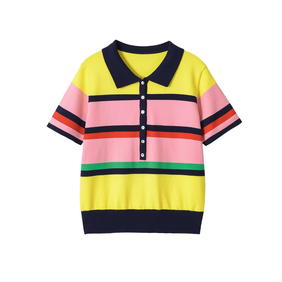Damen Kurzärmeliges Strickpoloshirt mit Knopfleiste und Blockstreifen Drune