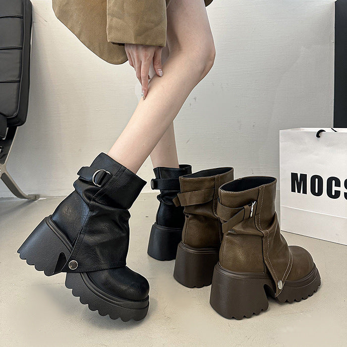 Damen modische Chunky-Boots mit dekorativem Riemen und stabiler Sohle Drune