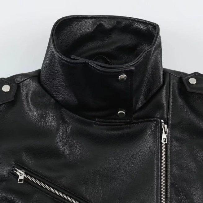 Damen Kurz geschnittene Bikerjacke aus Kunstleder mit asymmetrischem Reißverschluss, Stehkragen und Schulterklappen Drune