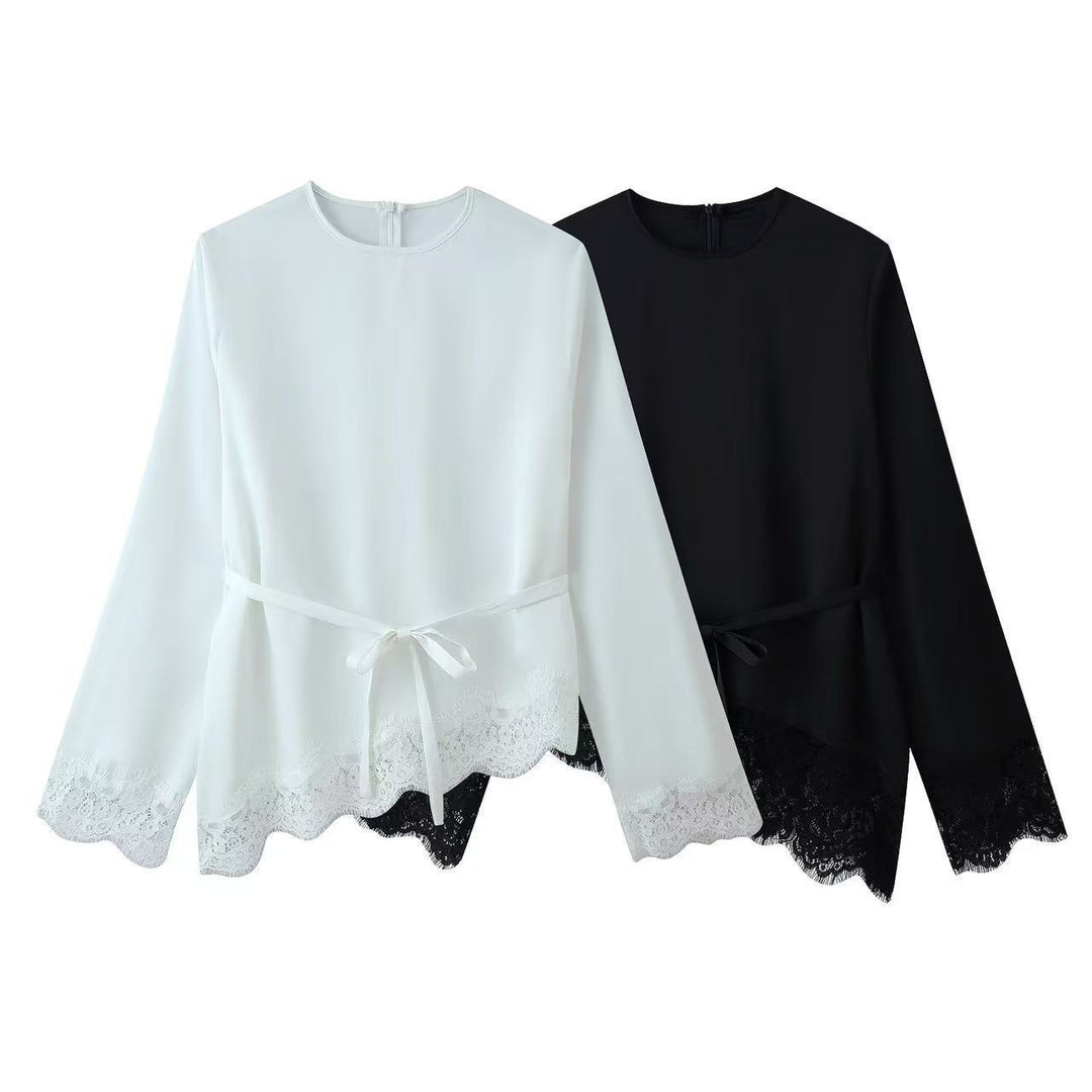 Damen Langärmlige Bluse mit Taillenband und Spitzenbesatz Drune