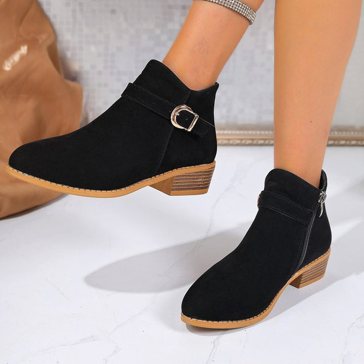 Damen Veloursleder-Ankle-Boots mit seitlichem Reißverschluss, Zier-Schnalle und niedrigem Blockabsatz Drune