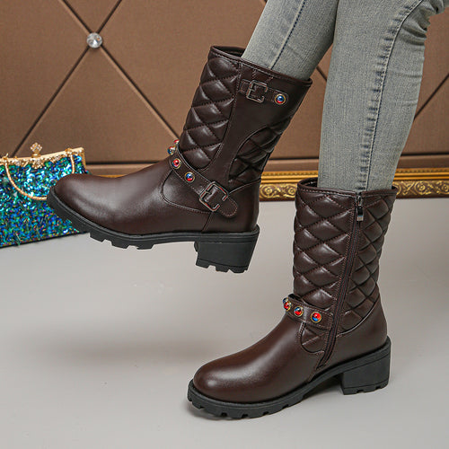 Damen modische Stiefeletten mit dekorativen Schmuckdetails und robustem Profil Drune