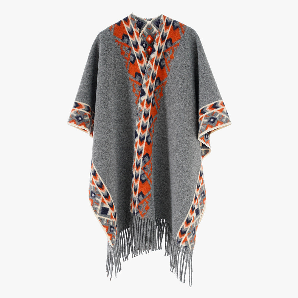 Damen Poncho‑Überwurf mit Ethno-Jacquard und Fransensaum Drune