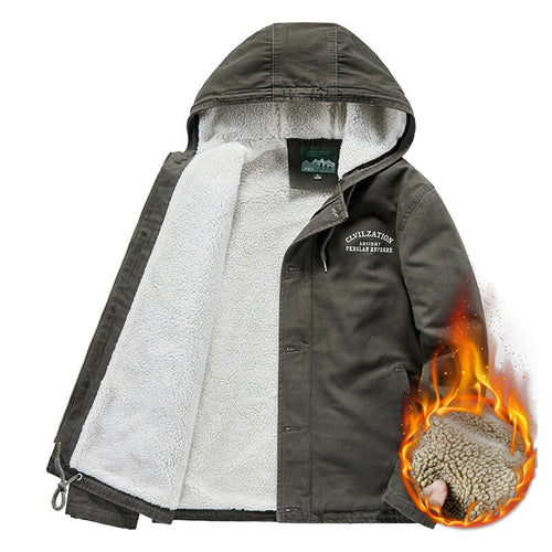 Herren Outdoor-Canvasjacke mit Voll-Sherpa-Innenfutter, Kapuze und Thermo-Isolierung Drune