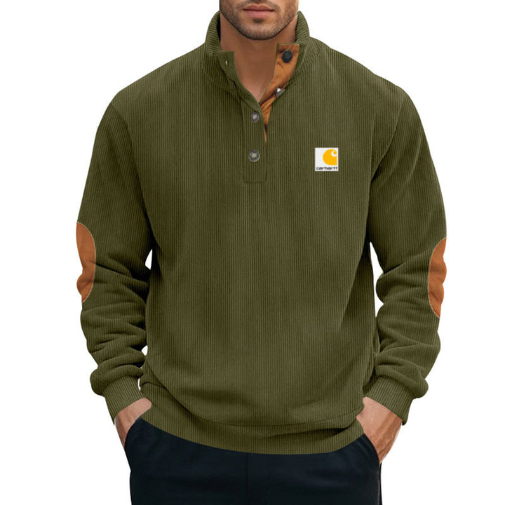 Herren nan Strickpullover im Troyer-Stil mit Stehkragen Lederbesatz Druckknopfleiste und Ellbogen-Patches Drune