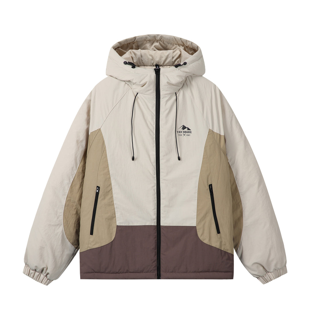 Unisex Boxy Colorblock Kapuzenpufferjacke mit winddichter Hülle und Reißverschlusstaschen Drune