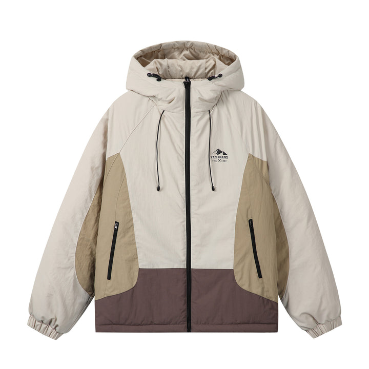 Unisex Boxy Colorblock Kapuzenpufferjacke mit winddichter Hülle und Reißverschlusstaschen Drune