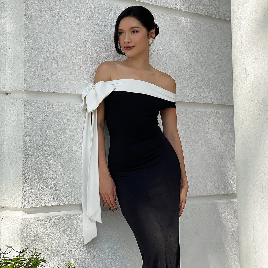 Damen Langarm Abendkleid mit schulterfreiem Design und raffinierten Schleifendetails Drune