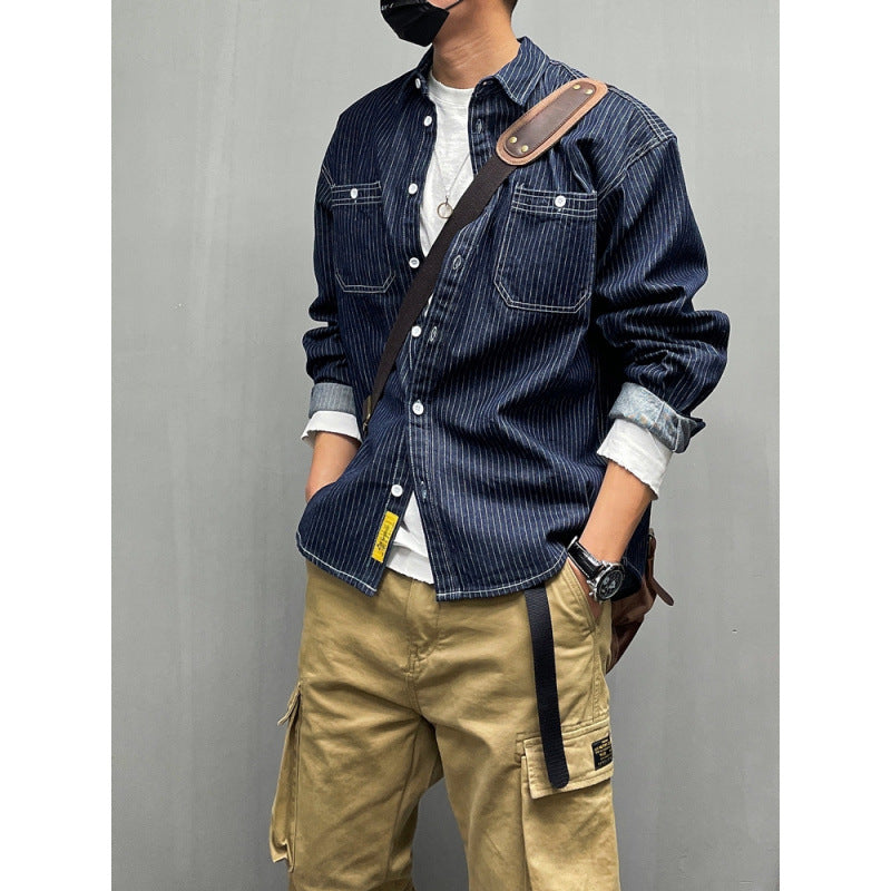 Herren Lässige Denim-Hemdjacke mit Streifen Drune