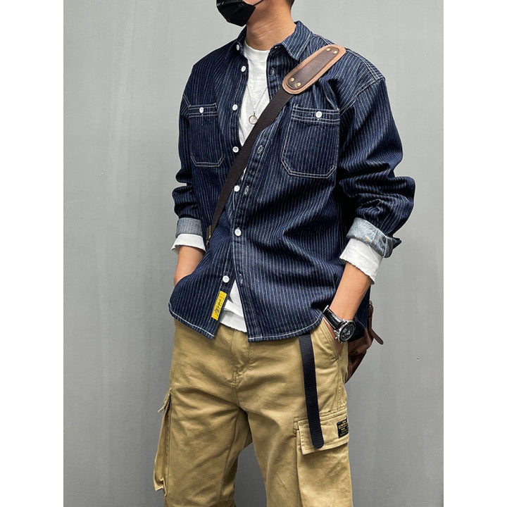 Herren Lässige Denim-Hemdjacke mit Streifen Drune