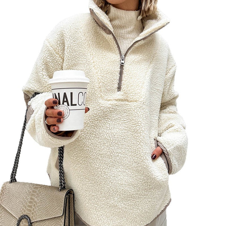 Damen Oversized Sherpa-Fleece Pullover mit halbem Reißverschluss und Kängurutasche Drune