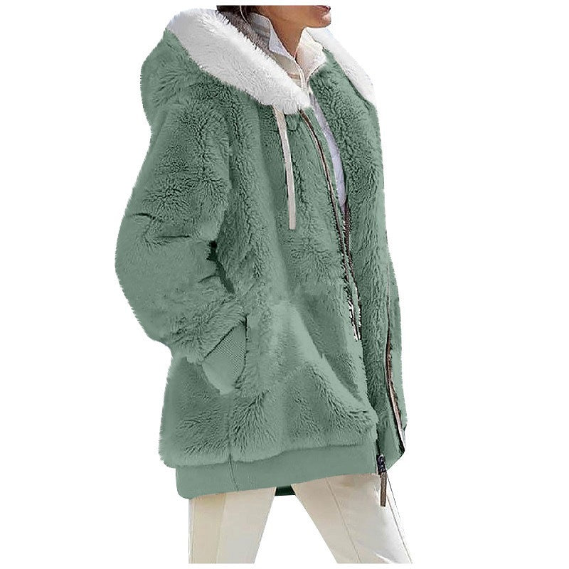 Damen Kuschelige Teddy-Kapuzenjacke mit Kontrastbesatz, Reißverschluss und Eingrifftaschen Drune