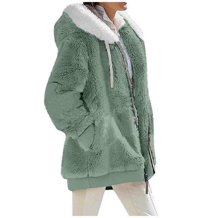 Damen Kuschelige Teddy-Kapuzenjacke mit Kontrastbesatz, Reißverschluss und Eingrifftaschen Drune