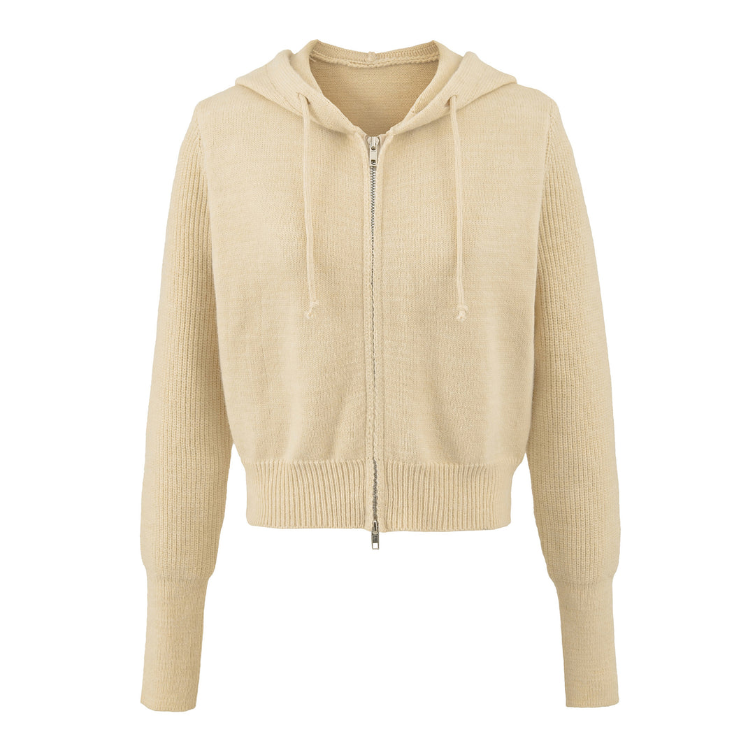 Damen Kurze Kapuzen-Strickjacke mit Reißverschluss und tailliertem Rippenbund Drune