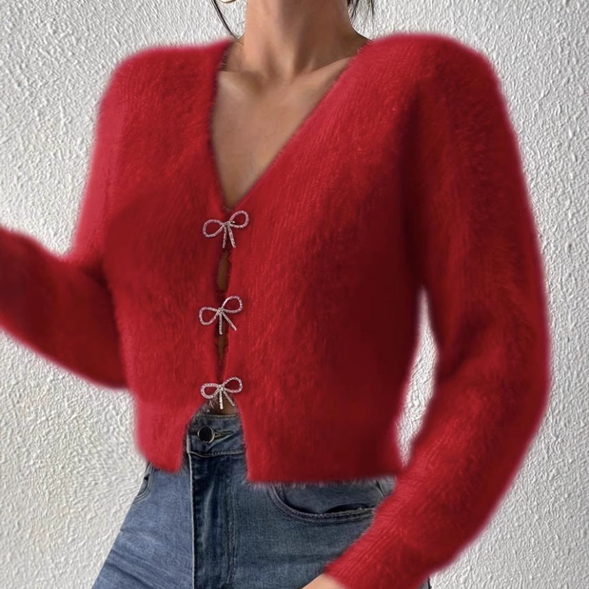 Damen Flauschiger Cropped-Cardigan mit V-Ausschnitt und Schleifen‑Verschlüssen Drune