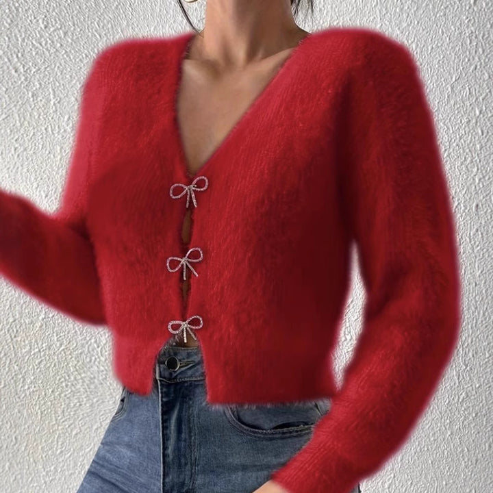 Damen Flauschiger Cropped-Cardigan mit V-Ausschnitt und Schleifen‑Verschlüssen Drune