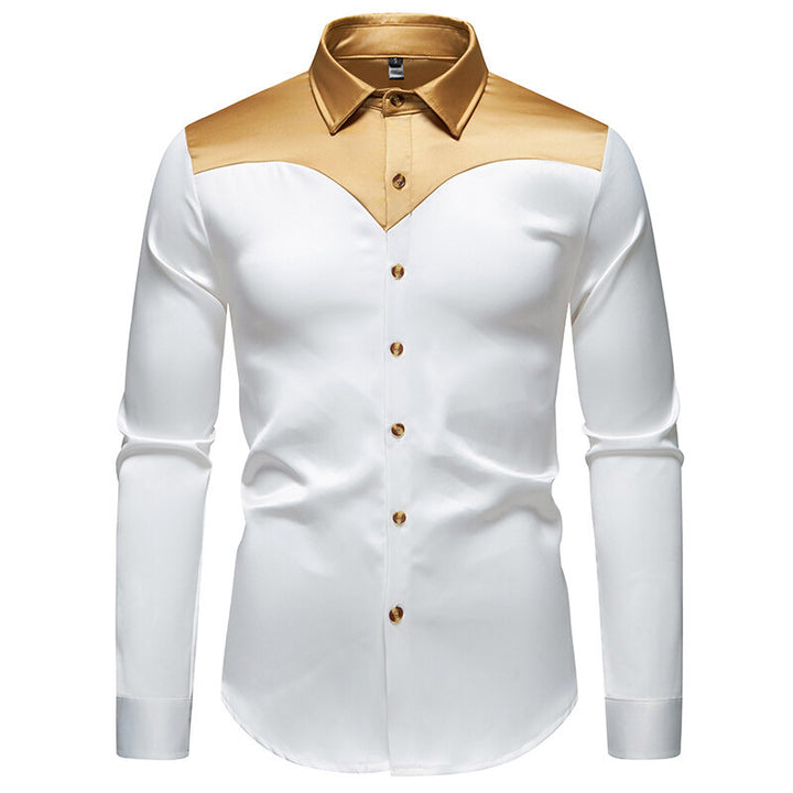 Herren Figurbetontes Satin-Hemd mit Kontrastpasse und Kentkragen Drune