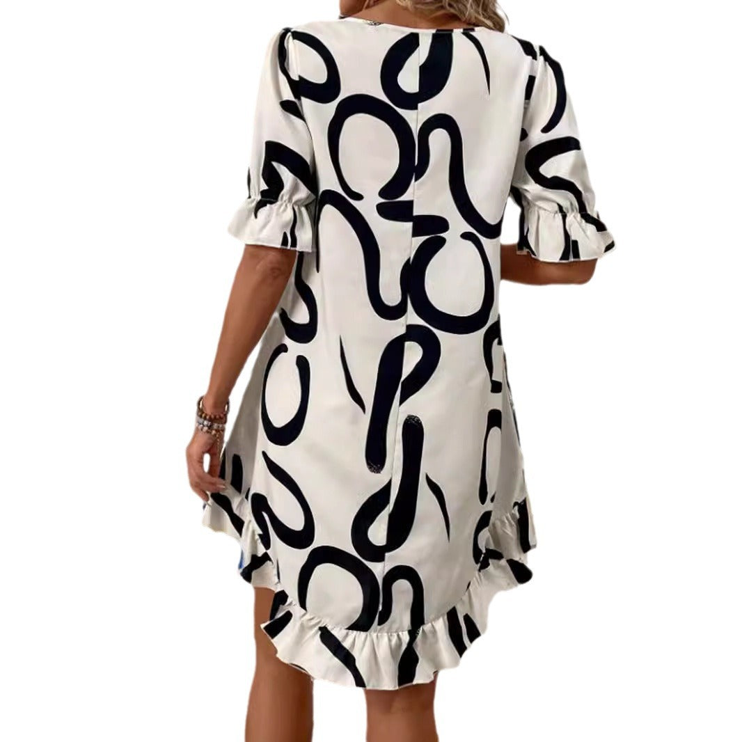 Drune | Bedrucktes Rundhals Kurzarm Midi Kleid