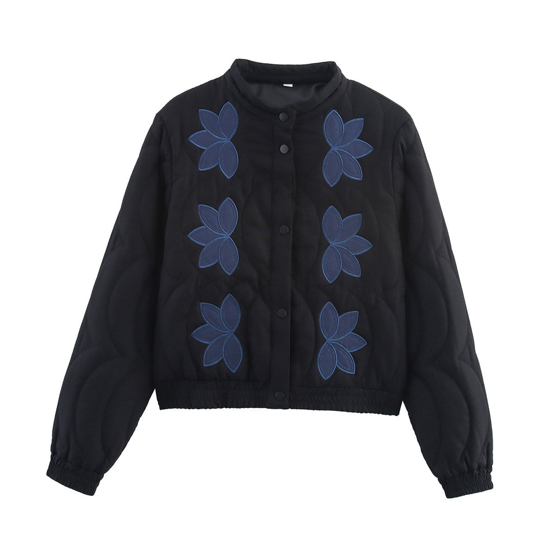Damen Kurz geschnittene gesteppte Jacke mit Blumenapplikation und Stehkragen Drune