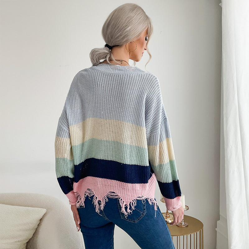 Damen Oversize Strickpullover mit V‑Ausschnitt, Streifenmuster und ausgefranstem Saum Drune